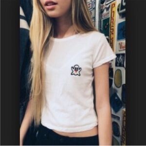 BRANDY MELVILLE White Embroidered Ghost Tee T-Shirt One Size